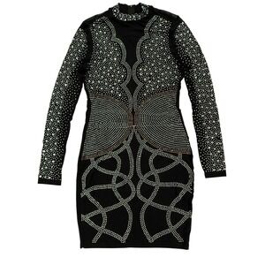 Banjul Black Rhinestone Embellished Mock Neck Bodycon Mini Dress Large W543